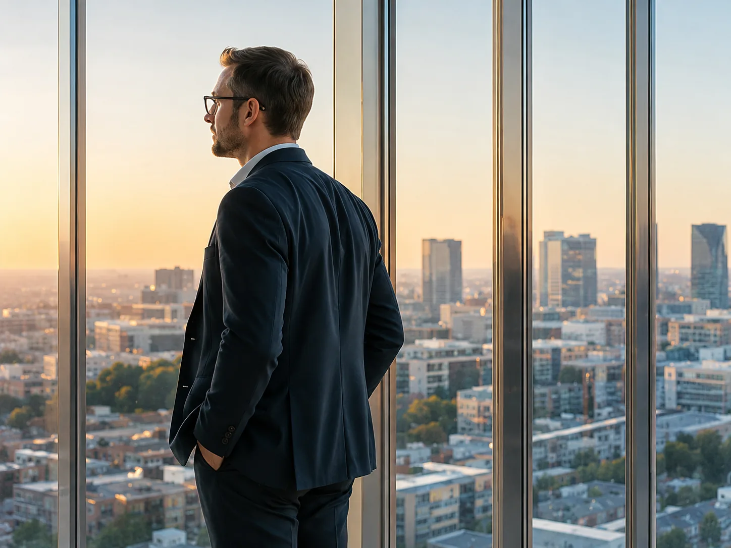 A professional standing alone at a window, reflecting on what comes next